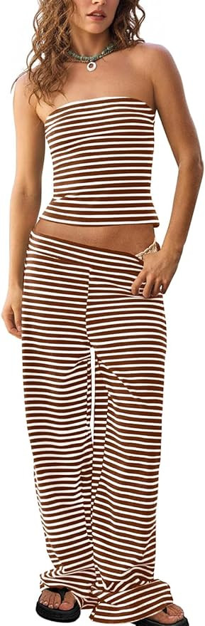 Tankaneo Womens Striped 2 Piece Sets Summer Strapless Crop Tube Tops Wide Leg Pants Matching Loun... | Amazon (US)