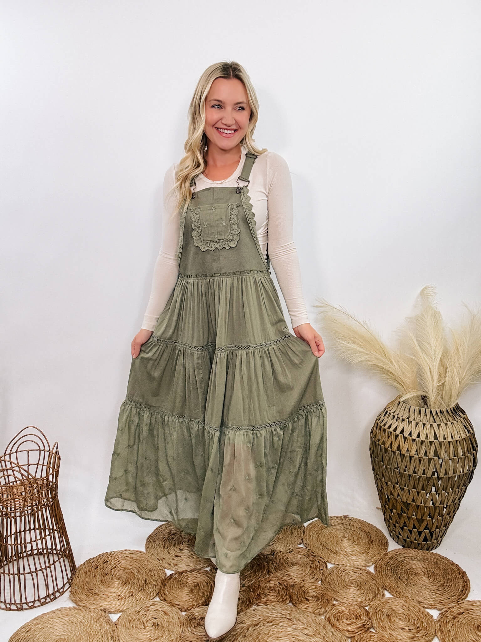 Boho Olive Green Lace Tiered Overall Skirtall Maxi Dress | Bmaes Boutique