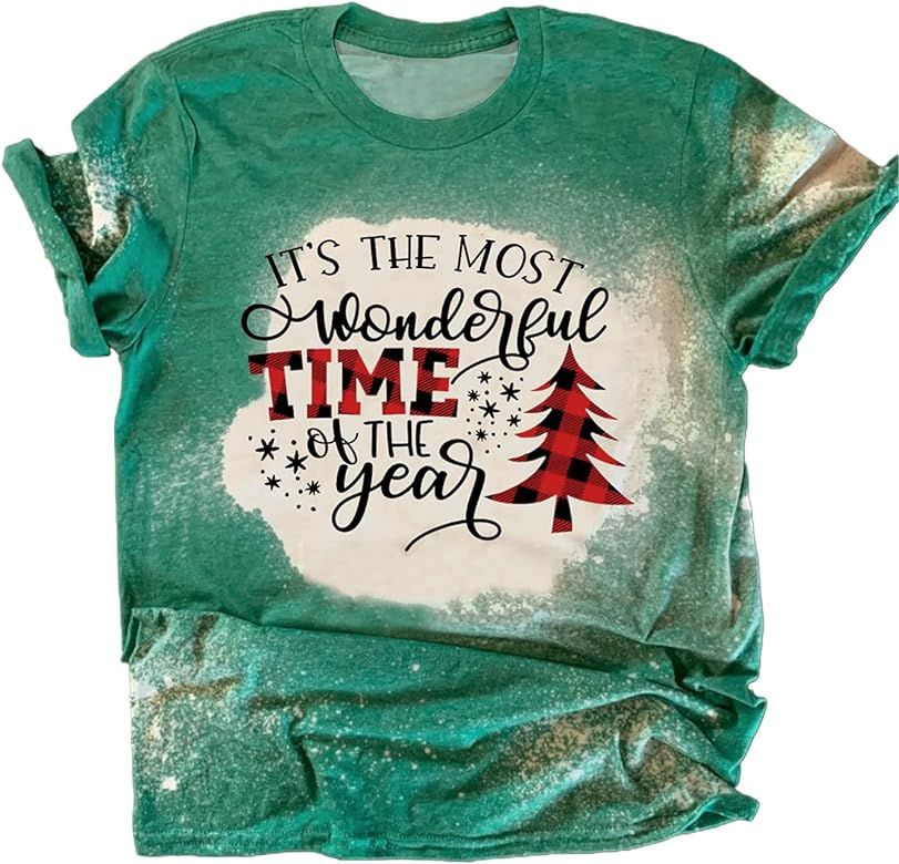 Women's Merry Christmas Tree Bleached Shirts Leopard Plaid Graphic Tees Xmas Cute Short Sleeve T-... | Amazon (US)