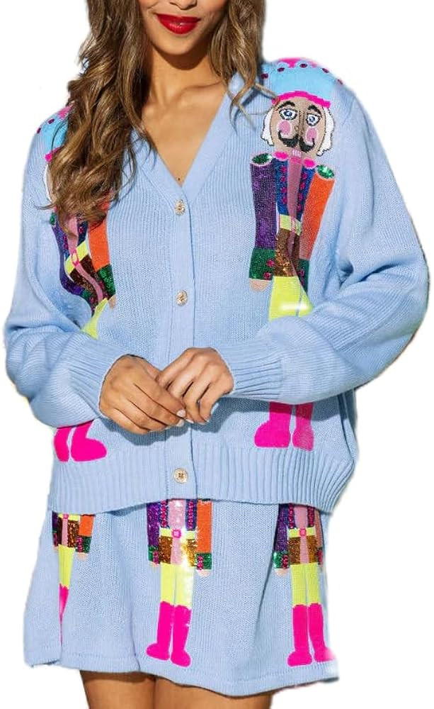 Women Holiday Sequin Cardigans Funny Graphic Button Embroidered Sweaters Cute Open Front Knit Lon... | Amazon (US)