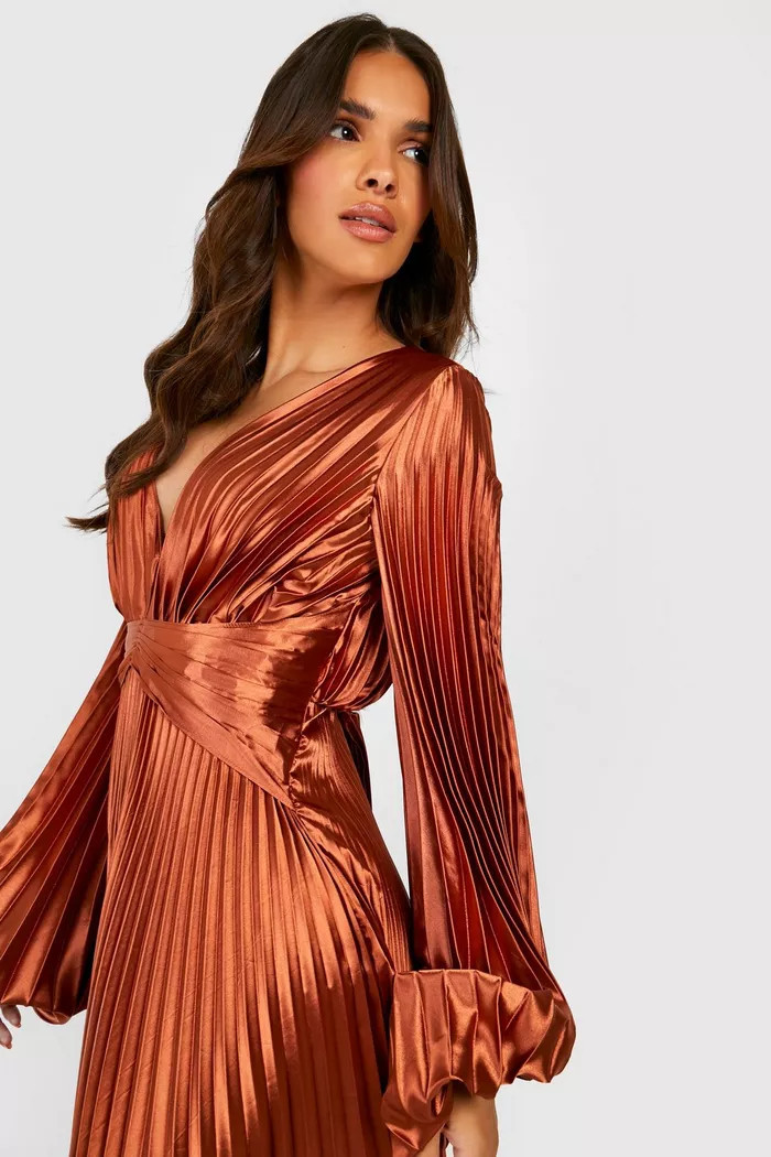 Pleated Satin Oversized Sleeve Midaxi Dress | Boohoo.com (UK & IE)