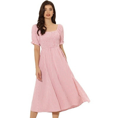 INSPIRE CHIC Women's Casual Smocked Front Tie Back Checks Gingham Midi Dresses X-Small Watermelon Pink | Target
