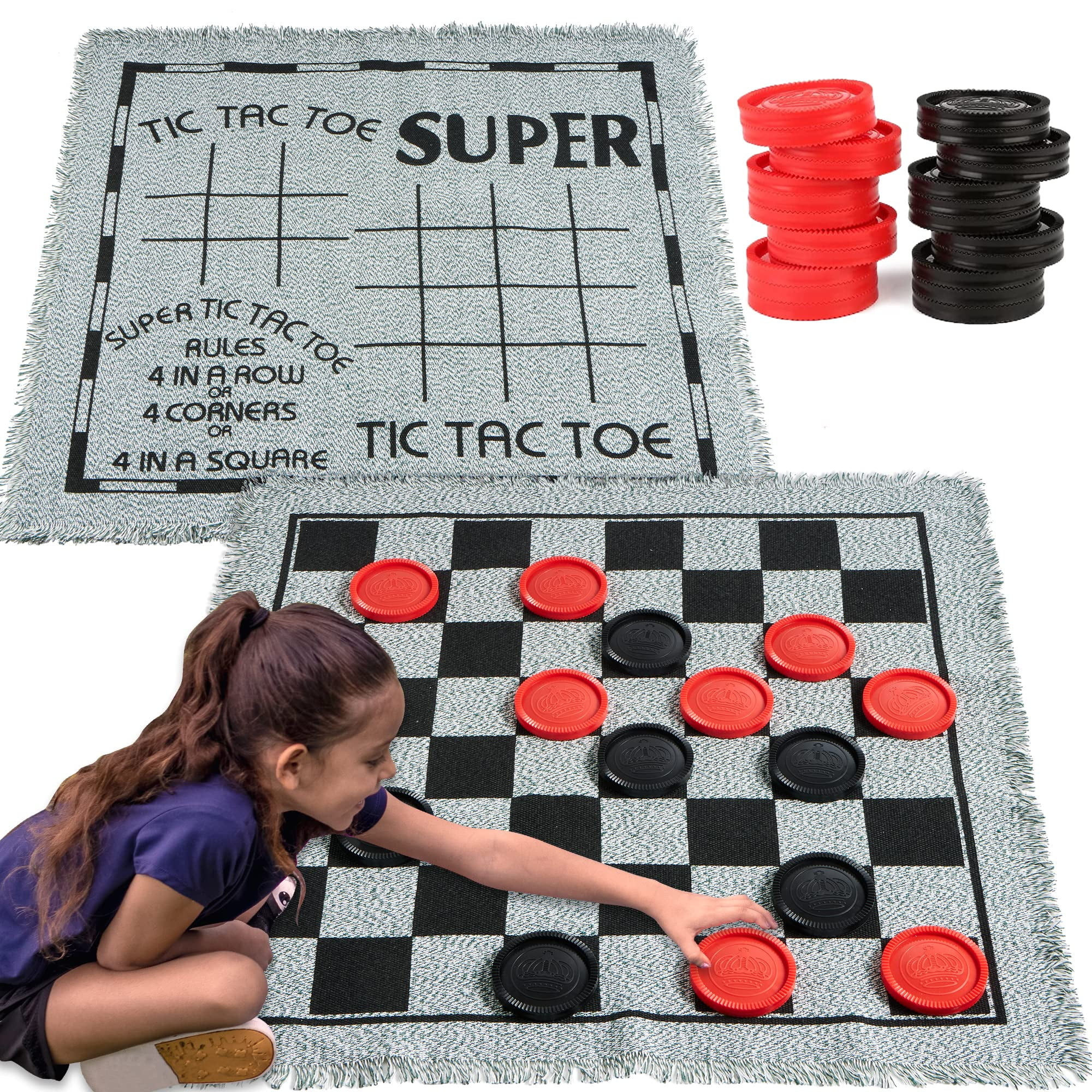 SYNCFUN 3 in 1 Vintage Giant Checkers, Tic Tac Toe Game with Reversible Mat, 24 Chips, Family Boa... | Walmart (US)