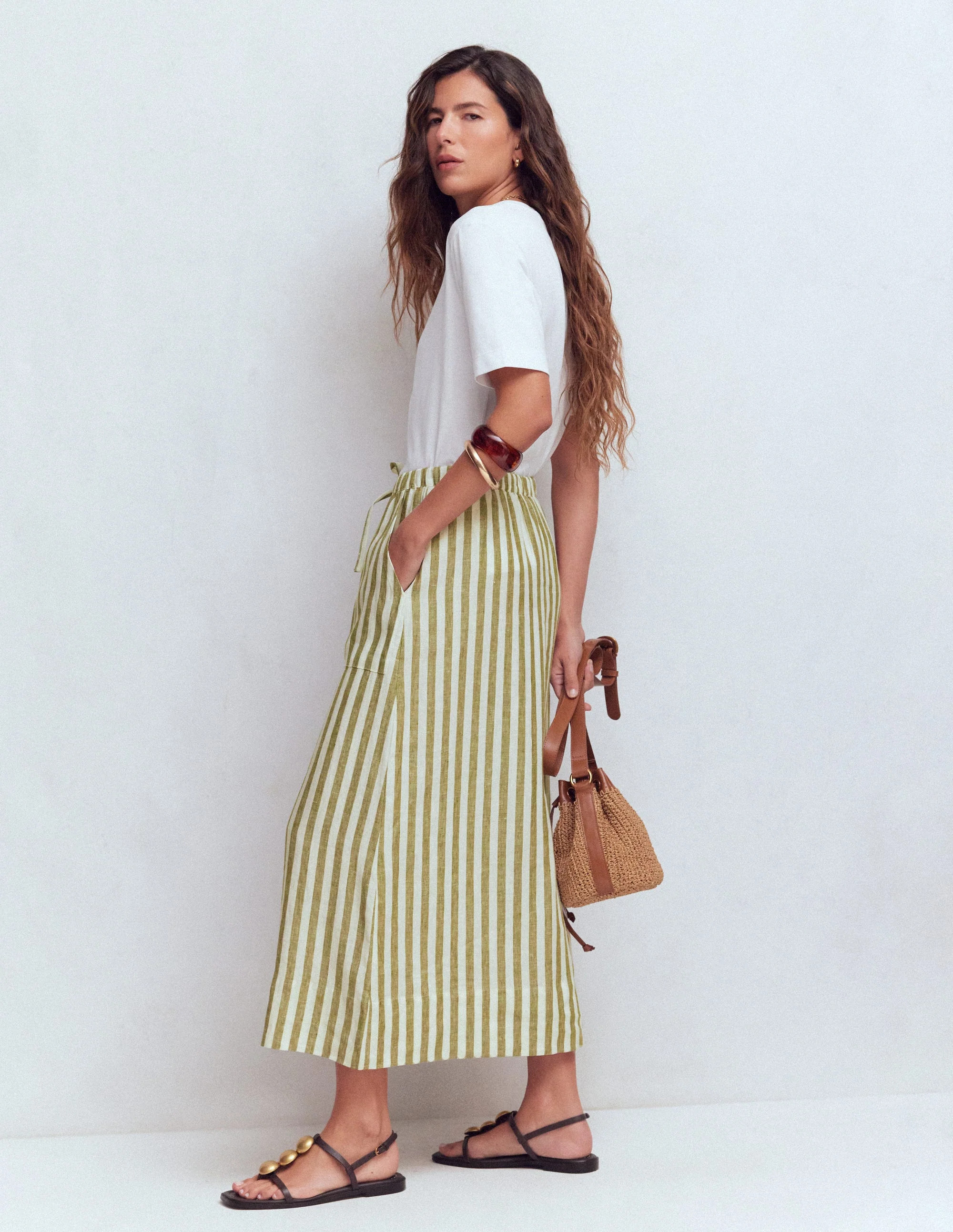 Layla Linen Skirt-Green Stripe | Boden (US)