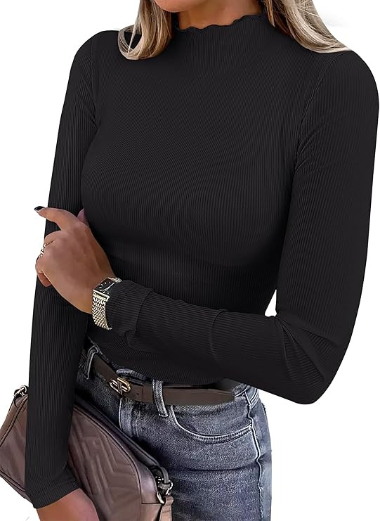 ANRABESS Women's Lettuce Trim Mock Neck Long Sleeve Tops 2025 Casual Dressy Ribbed Knit Slim Fit ... | Amazon (US)