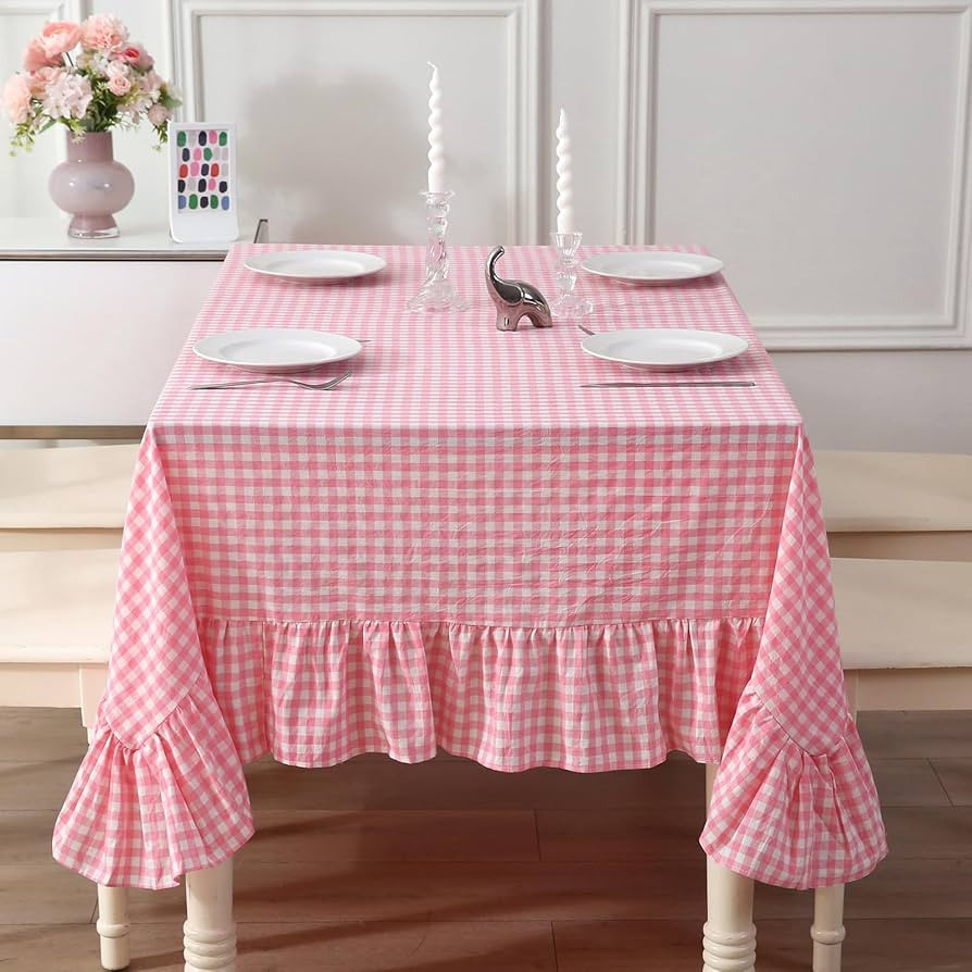100% Cotton Coral Pink Plaid Ruffled Table Cloth for Rectangle Table, Classic Cottage Coquette Ch... | Amazon (US)