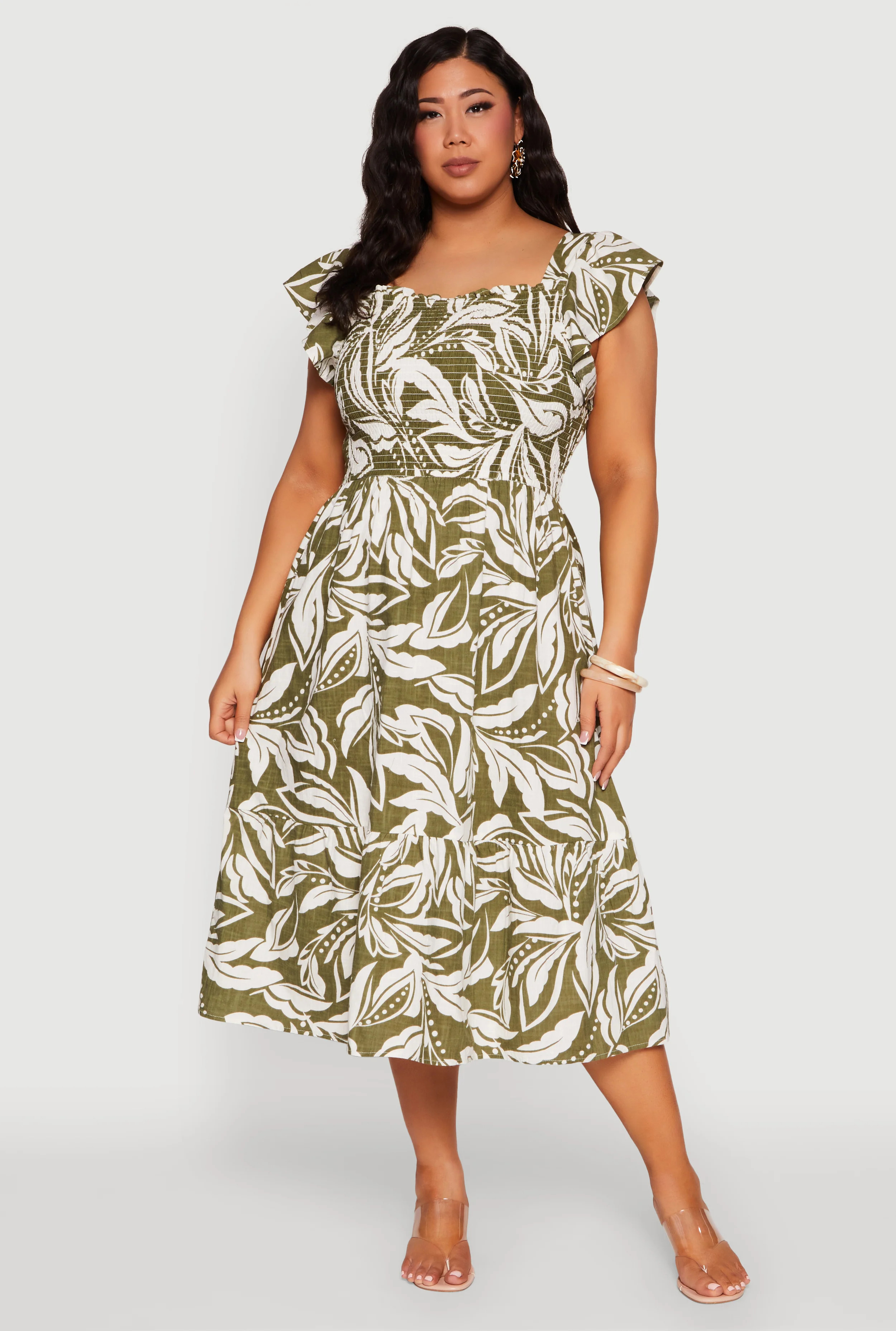 Plus Size Smocked Floral Print Midi Dress | Rainbow Shops