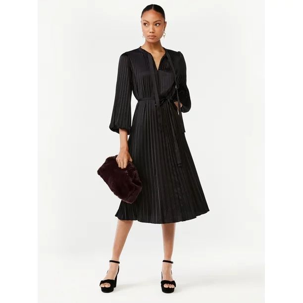 Scoop Women's Blouson Sleeve Belted Waist Pleated Oversized Midi Dress | Walmart (US)