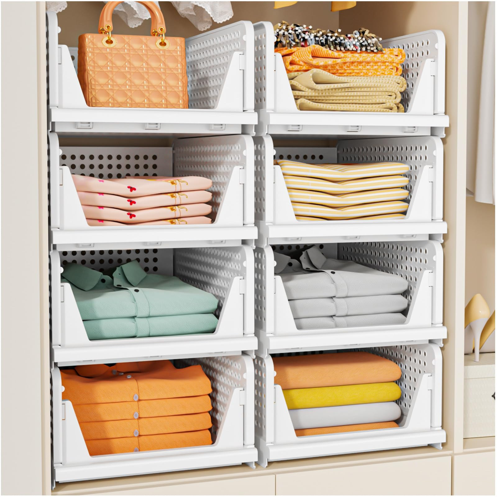 SNSLXH 5 Pack Stackable Closet Storage Basket, Multifunctional & Foldable Closet Organizer for Ba... | Amazon (US)