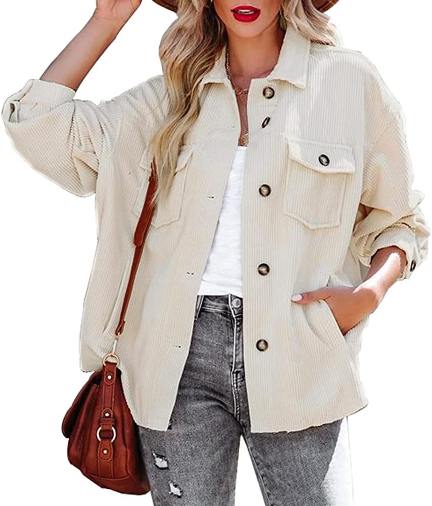Beaully Women's Corduroy Button Down Shirts Casual Long Sleeve Oversized Jacket Shacket Coat with... | Amazon (US)