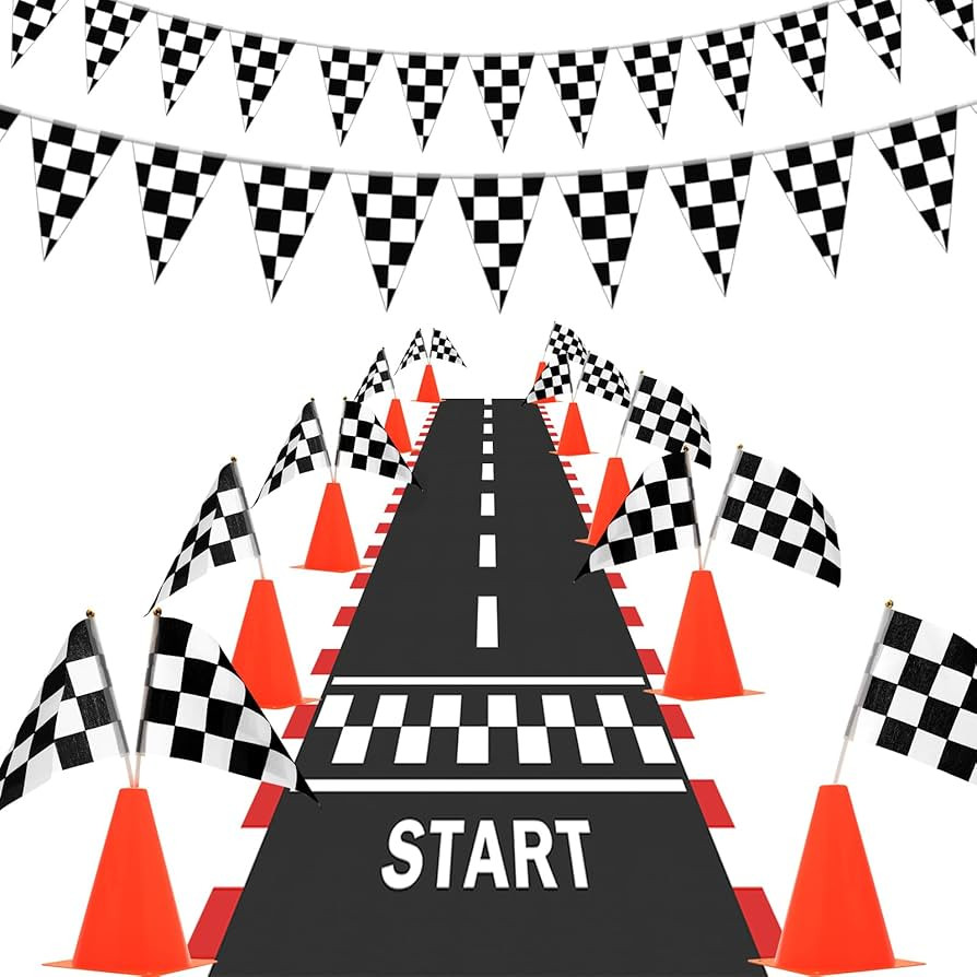 AHIER 38 Pcs Traffic Cones and Racing Flags Set - 12 Plastic Cones With Hole, 24 Checkered Flags ... | Amazon (US)