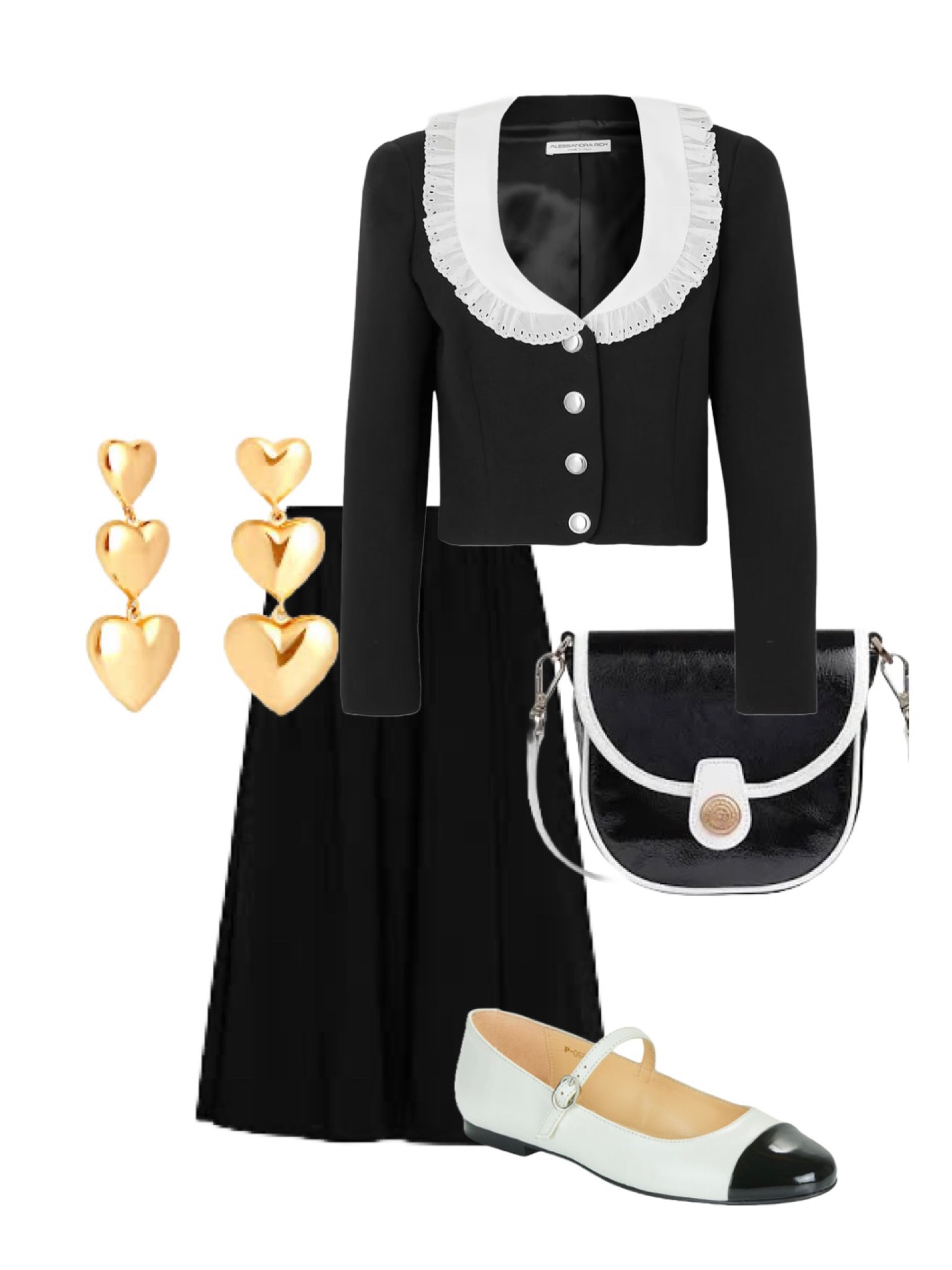 Although this Alessandra Rich black cropped jacket with white Peter Pan statement contrast collar is a splurge, it’s an investment on sale with 60% off at Luisa Via Roma! Other sale pieces are the gorgeous LK Bennett black and white saddle bag, the Alohas two tone Mary Jane flats and the black taffeta midi skirt from H&M. The gold cascading heart earrings by Astrid and Miyu are the finishing touch! 🖤

#LTKdatenight #LTKluxury #LTKuk