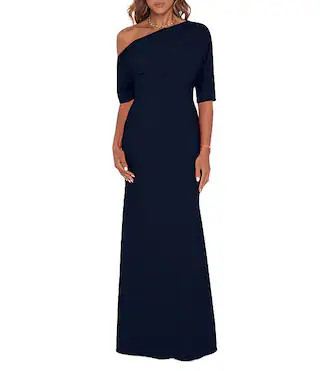 Betsy & Adam Scuba Crepe Asymmetric One Shoulder Short Sleeve Mermaid Gown | Dillard's | Dillard's