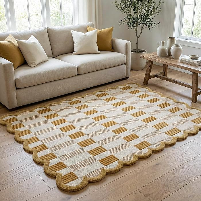 Hand-Tufted Scalloped Wool Area Rug, Modern Plaid Checkered Pattern, Soft & Durable Cozy Accent R... | Amazon (US)