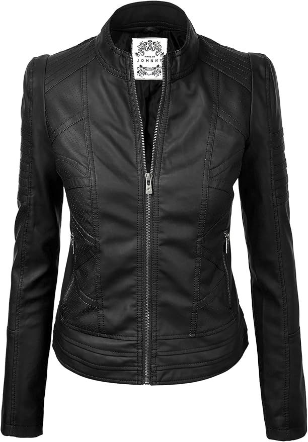 Made By Johnny MBJ Womens Faux Leather Zip Up Moto Biker Jacket with Stitching Detail | Amazon (US)