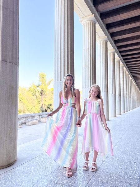 Watercolor print maxi dress. Summer dress. Vacation style. Greece. Mommy and me. Mommy daughter matching. Tassel earrings. 

#LTKfamily #LTKkids #LTKunder50