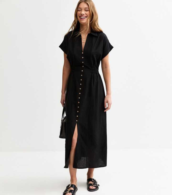 Black Linen-Look Shirred Waist Midi Shirt Dress | New Look | New Look (UK)