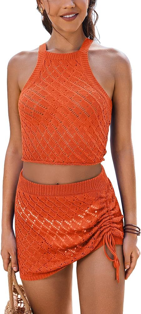 AI'MAGE Women's Crochet Cover Up Set Hollow Out Swimsuit Coverup 2 Piece Knit Beachwear with Draw... | Amazon (US)