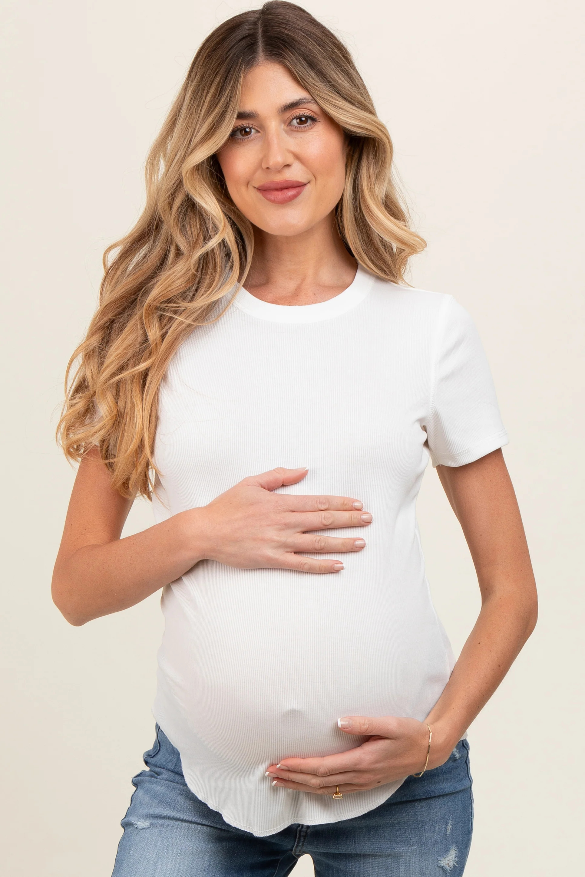 White Ribbed Short Sleeve Curved Hem Maternity Top | PinkBlush Maternity