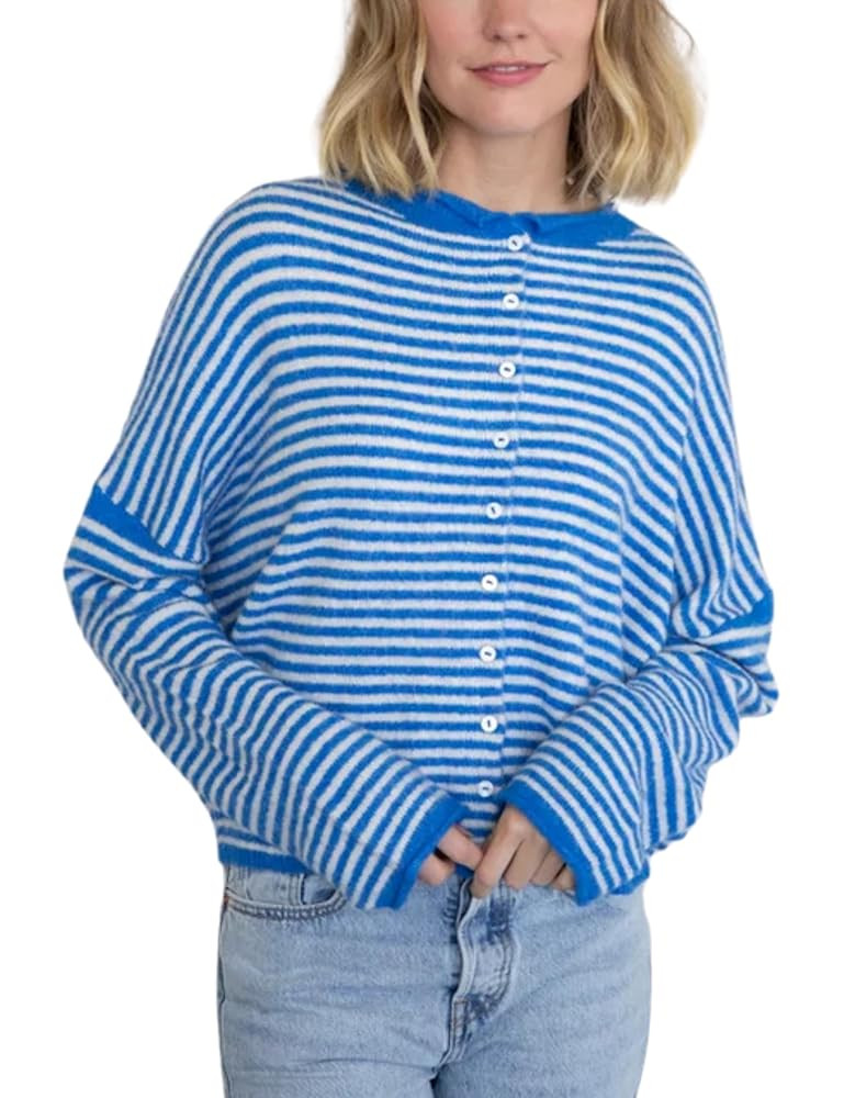 Esmeling Women's Crew Neck Casual Cardigan Sweater Open Front Wavy Long Sleeves Cropped Knit Oute... | Amazon (US)