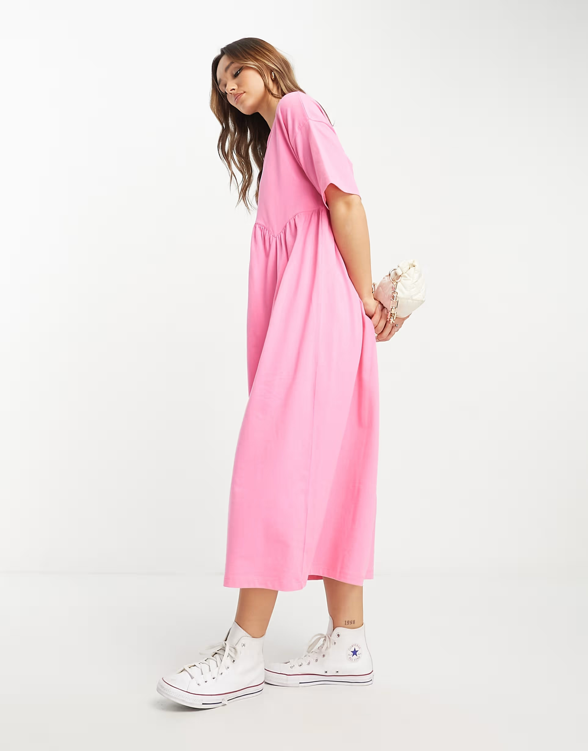 ASOS DESIGN short sleeve seam detail midi smock dress in bright pink | ASOS (Global)