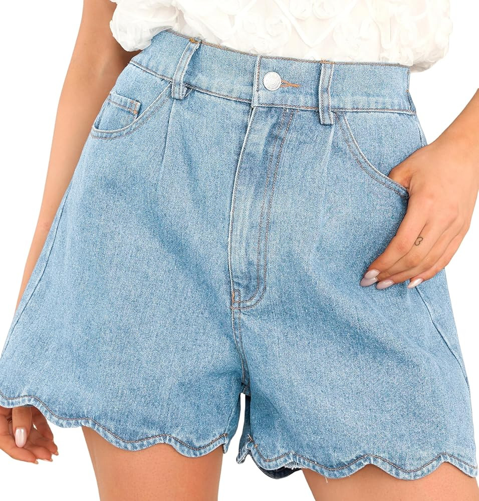 Women Casual High Waist Jean Shorts Wave Hem Trendy Flared Denim Short | Amazon (US)