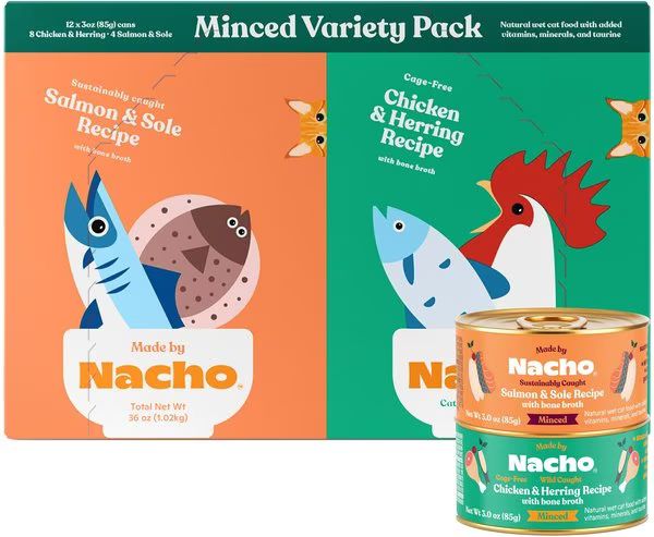 MADE BY NACHO Chicken, Herring & Salmon Variety Pack Minced Wet Cat Food, 3-oz can, case of 12 - ... | Chewy.com