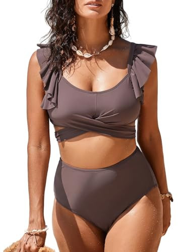 Aleumdr High Waisted Bikini Sets for Women Ruffle Two Piece Swimsuits Crisscross Bathing Suits Womens Swim Suit 2024 Swimwear Brown X-Large | Amazon (US)