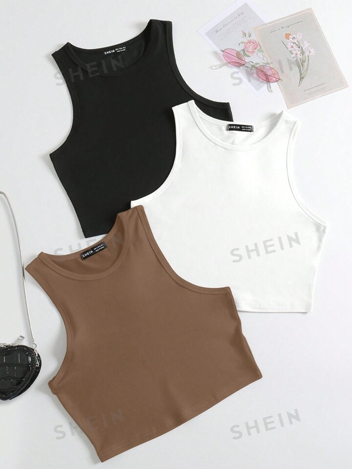 18-11%SHEIN Essnce 3pcs/Set Women's Summer Casual Stretchy Short Tank Top, Basic Sleeveless Cropp... | SHEIN