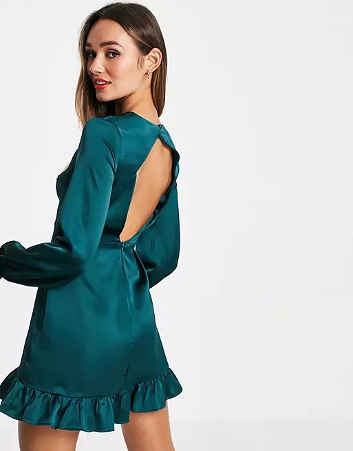 Flounce London long sleeve backless satin mini dress in emerald green | ASOS (Global)