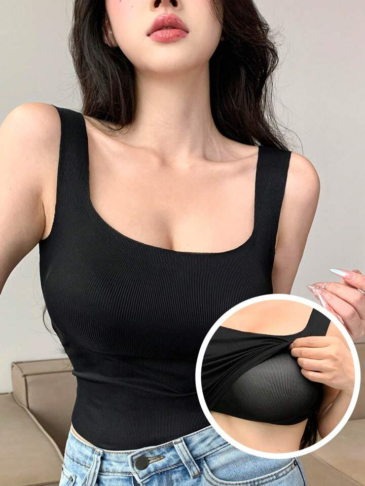 DAZY Women Spaghetti Strap Square Collar Ribbed Seamless Built-In Bra Tank Top For All Seasons | SHEIN