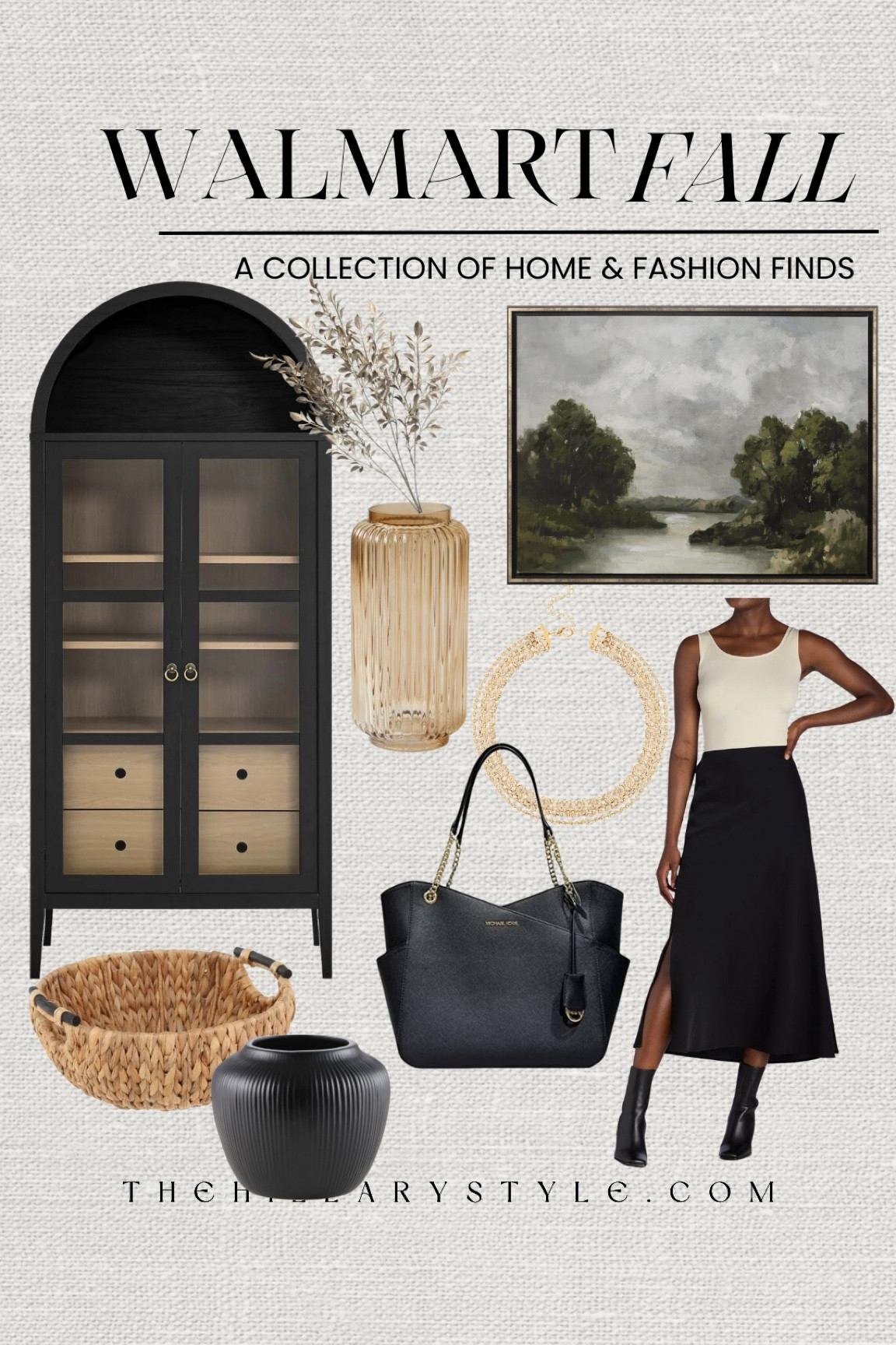 Walmart Fall Collection: home decor and fashion finds for fall. Black arched cabinet, champagne ribbed vase, fall stem, framed wall art, woven basket, black vase, black slip skirt, bodysuit, black ankle boots, designer handbag, layered gold necklace.

#LTKHome #LTKSeasonal #LTKStyleTip