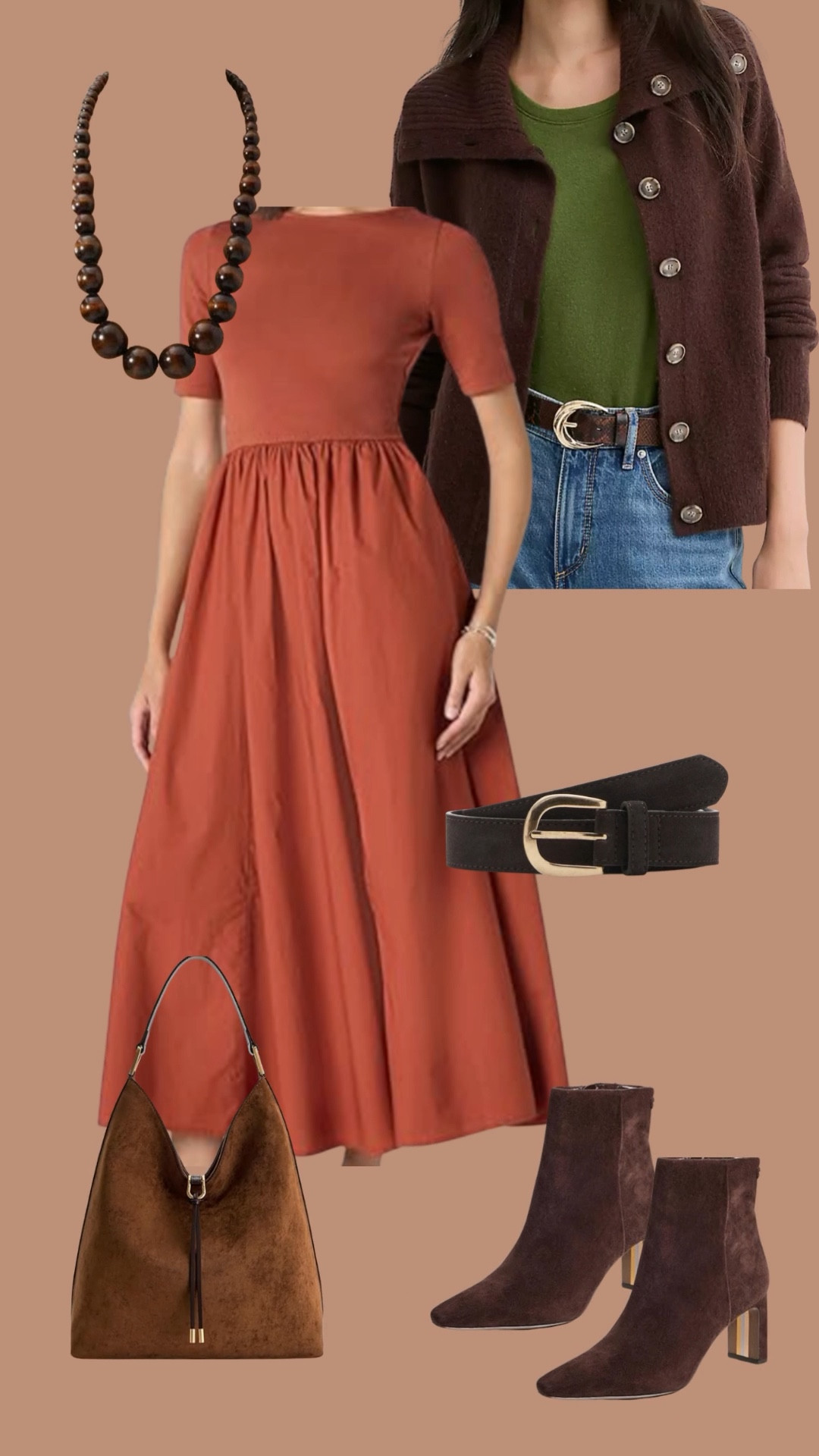 Rust tones + soft layers for fall 🍂
This rust dress is a new favorite for effortless day-to-night style. I layered it with a cozy brown cardigan, suede boots, and my go-to textured hobo bag. The wooden bead necklace adds just the right touch of warmth to pull the look together.

👜 Linked everything in my LTK profile so you can shop the full 

#LTKSeasonal #LTKHoliday #LTKStyleTip