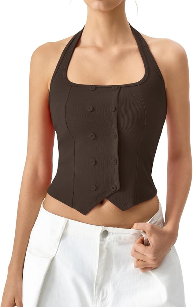QINSEN Sleeveless Tank Top for Womens Halter Neck Button Trim Slim Fit Cropped Tee Shirt Y2k Vest... | Amazon (US)