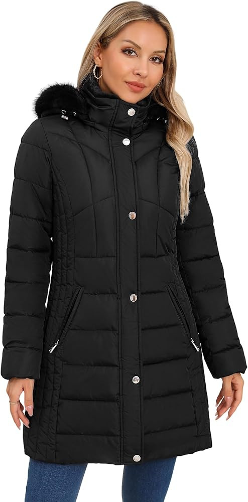 SLOWTOWN Women's Long Puffer Coat Thickened Winter Coat Warm Puffy Coat with Detachable Hood | Amazon (US)