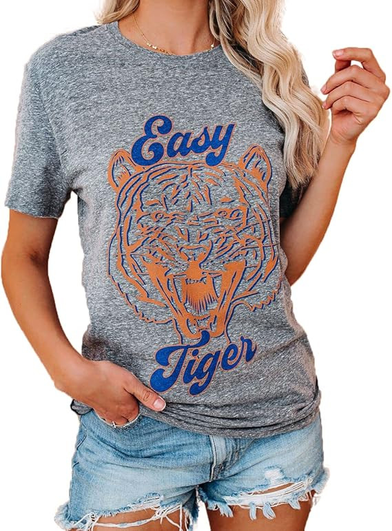 Tiger Printed Short Sleeve Tshirts,Womens Summer Crewneck Graphic Tee Shirt Blouse Tops | Amazon (US)