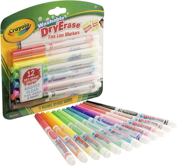 Crayola Washable Dry-Erase Fine Line Markers, 12 Classic Colors NonToxic Art Tools for Kids & Tod... | Amazon (US)