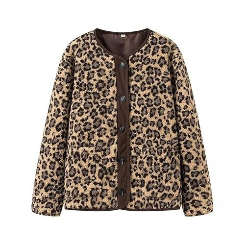 utcoco Women's Leopard Print Sherpa Jacket Fuzzy Button Down Coat Casual Loose Fit Warm Outerwear with Pockets (Medium, Yellow) | Amazon (US)