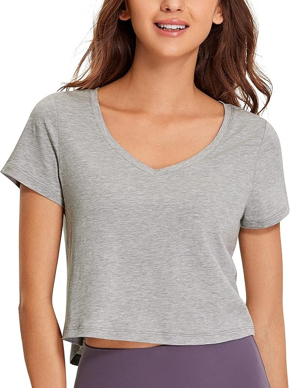 CRZ YOGA Women's Workout Crop Tops Pima Cotton Short Sleeve V-Neck Shirts Casual Basic Cropped Te... | Amazon (US)
