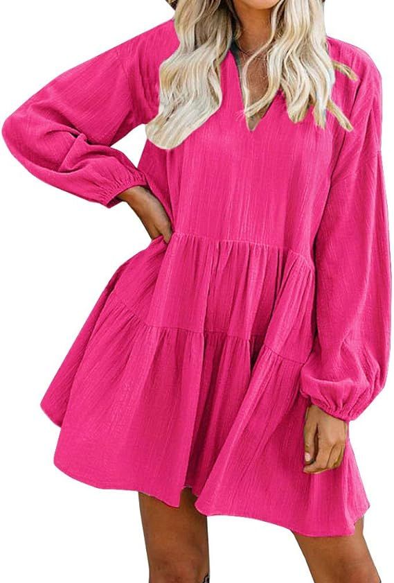 FANCYINN Long Sleeve Shift Tunic Dress Ruffle Swing Babydoll Juniors Mini Ruffle Dress with Pocke... | Amazon (US)