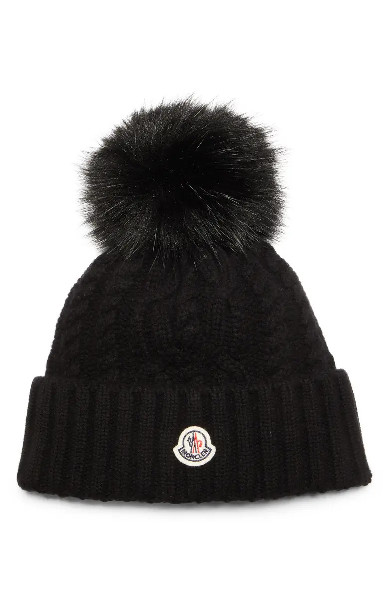 Moncler Virgin Wool & Cashmere Rib Beanie with Faux Fur Pompom | Nordstrom | Nordstrom