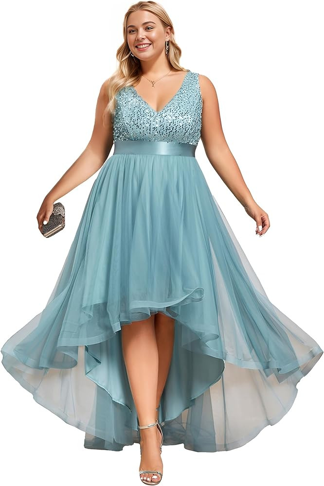 Ever-Pretty Womens Double V Neck A Line High Low Sequin Tulle Plus Size Formal Dresses for Curvy Women 0147A-DA | Amazon (US)