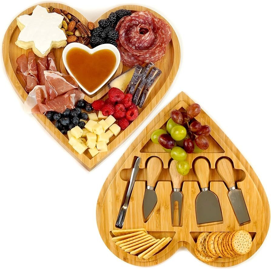 Heart Shaped Charcuterie Board Set - Bamboo Cheese Board and Knife Set - Cheese Tray for Serving ... | Amazon (US)