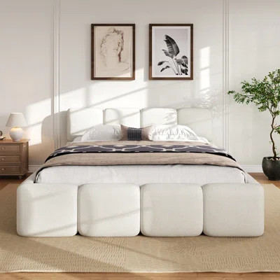 Stylish Boucle Upholstered Platform Bed With Thick Headboard And Footboard, Perfect For Modern And Cozy Bedrooms | Wayfair North America