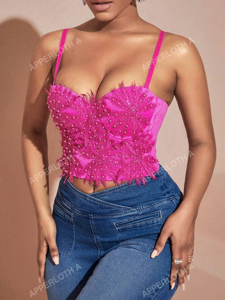 Apperloth A Festival Appliques Pearls Beaded Bustier Corset Cami Top | SHEIN