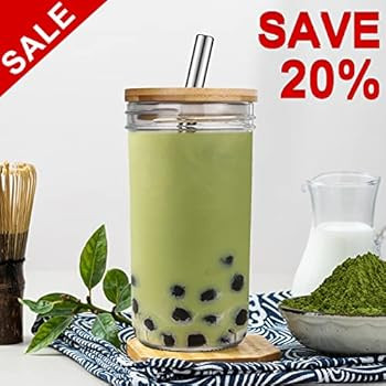 Reusable Boba Cup Bubble Tea Cup , 24oz (4 Pack)Wide Mason Jar with Bamboo Lid and Stainless Stra... | Amazon (US)