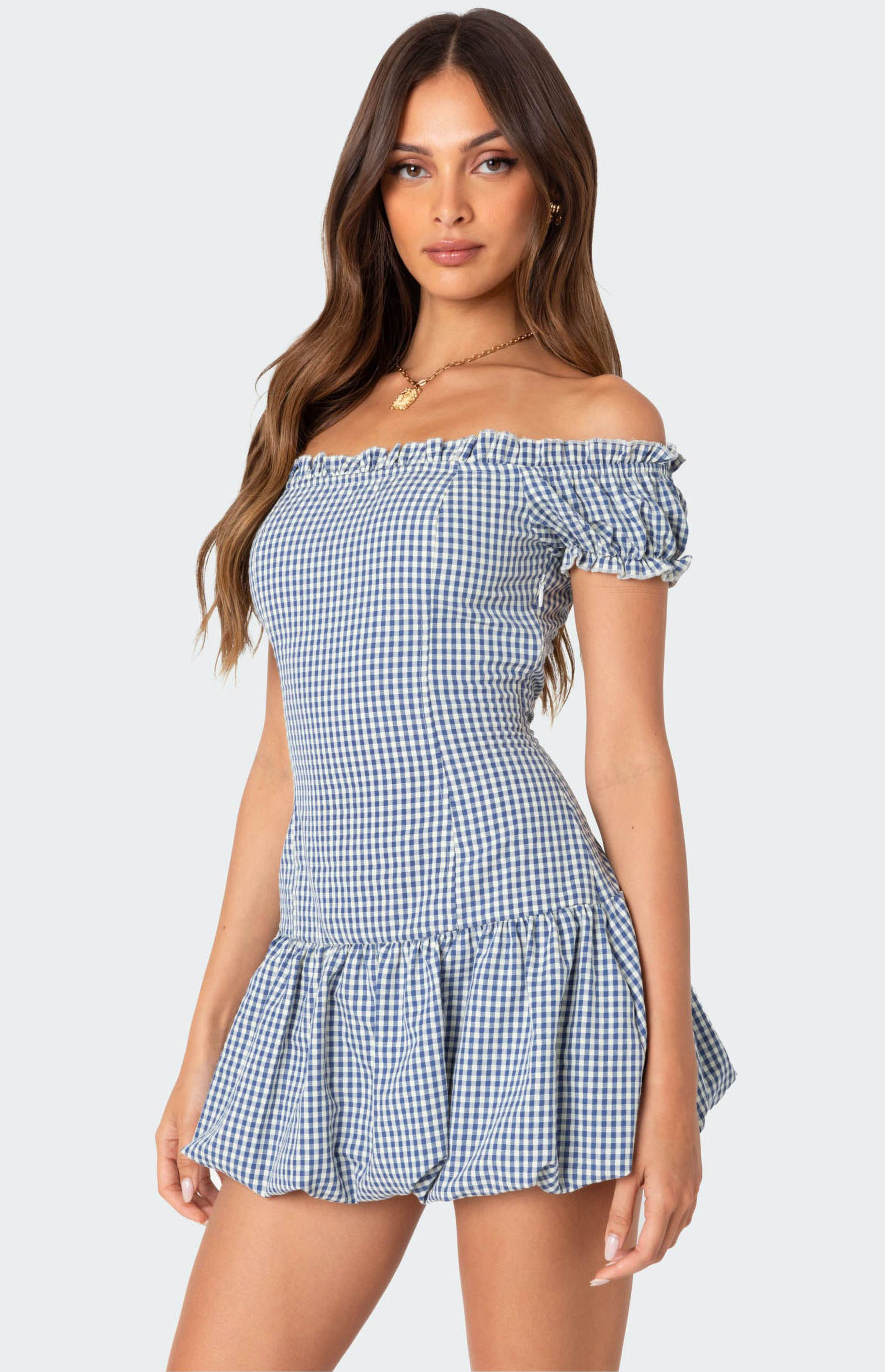 Edikted Gingham Off Shoulder Bubble Mini Dress | PacSun