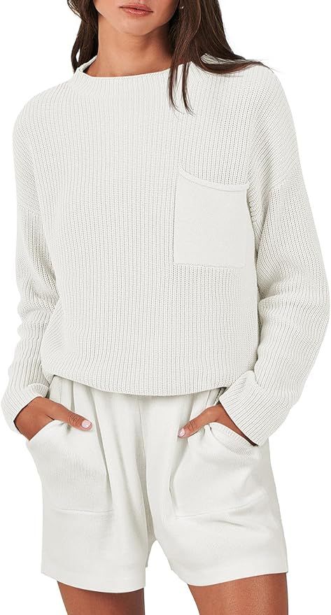 Caracilia Women's Two Piece Outfits Sweater Short Sets Long Sleeve Knit Pullover Top and Shorts M... | Amazon (US)