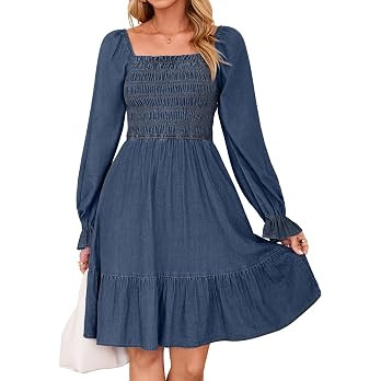 Simplee Women's Denim Square Neck Smocked Dress Long Sleeve Fall Ruffle Hem A Line Western Countr... | Amazon (US)