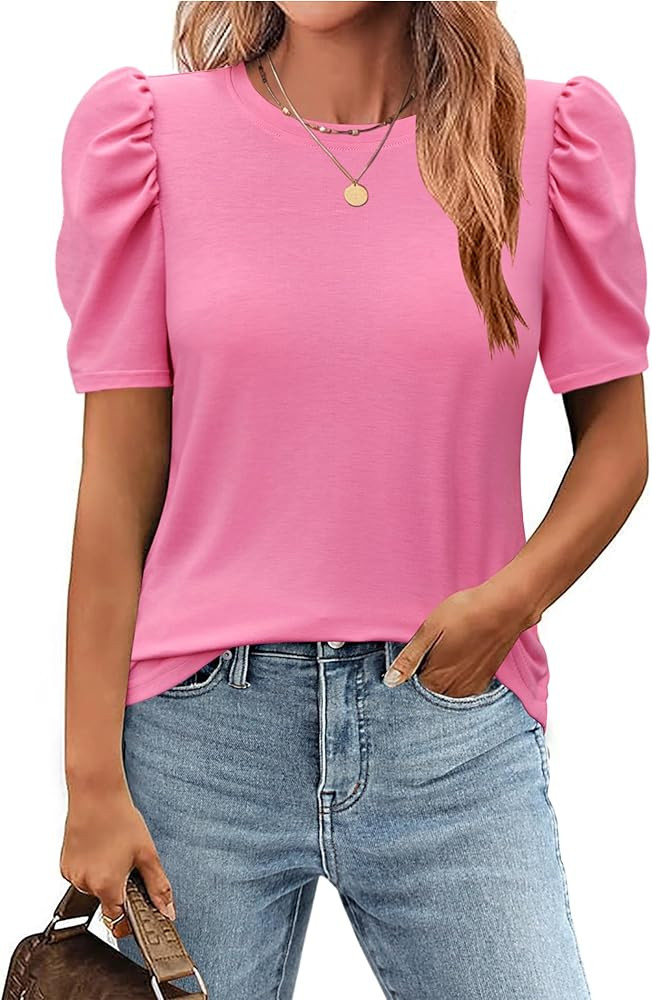 Zeagoo Blouse for Women Dressy Casual Puff Short Sleeve Boho Tops Fashion Floral Crew Neck Tunic ... | Amazon (US)